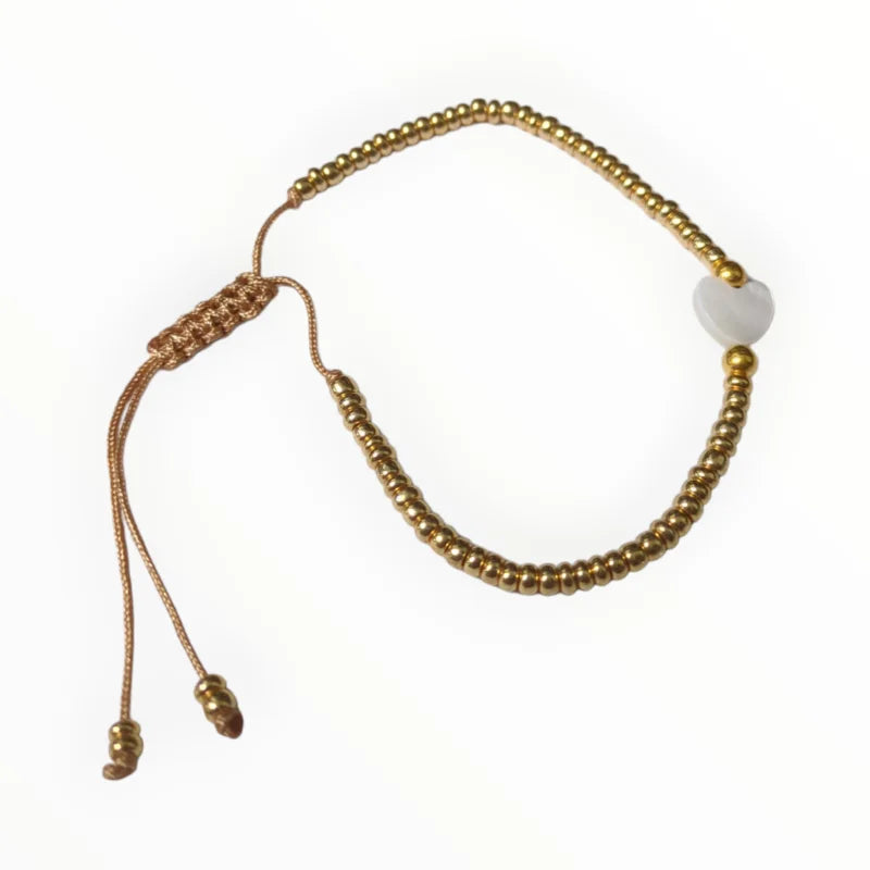 Gouden En Witte Parel Armband Met Hartje - Verstelbare Kralen Armband