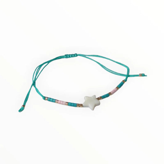 Verstelbare Kralen Armband Wit Turquoise Met Ster - Verstelbare Kralen Armband Met Ster En Schelp