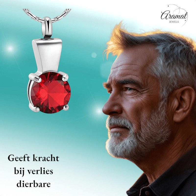 Ashanger met Rode Zirkonia - Zilverkleurig RVS - 28x12 mm-Gedenkhangers uniseks -28mm-Aramat Jewels-