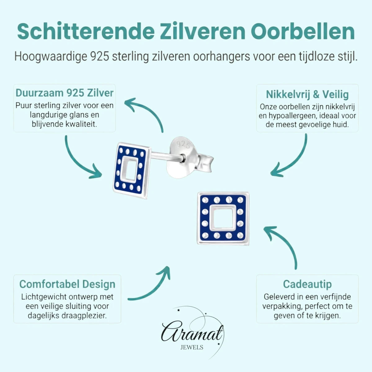 Bali Oorbellen 925 Zilver - Vierkant Donker Blauw - Aramat Jewels - Oorbellen - cadeautip