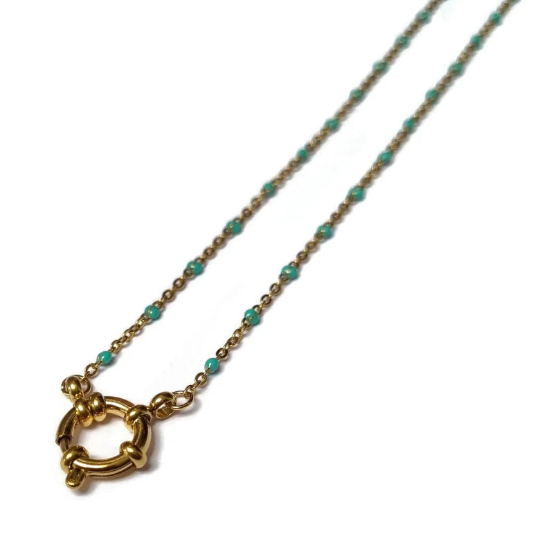 Stalen Bedel Damesketting Met Gouden Hartje En Turquoise Kraal