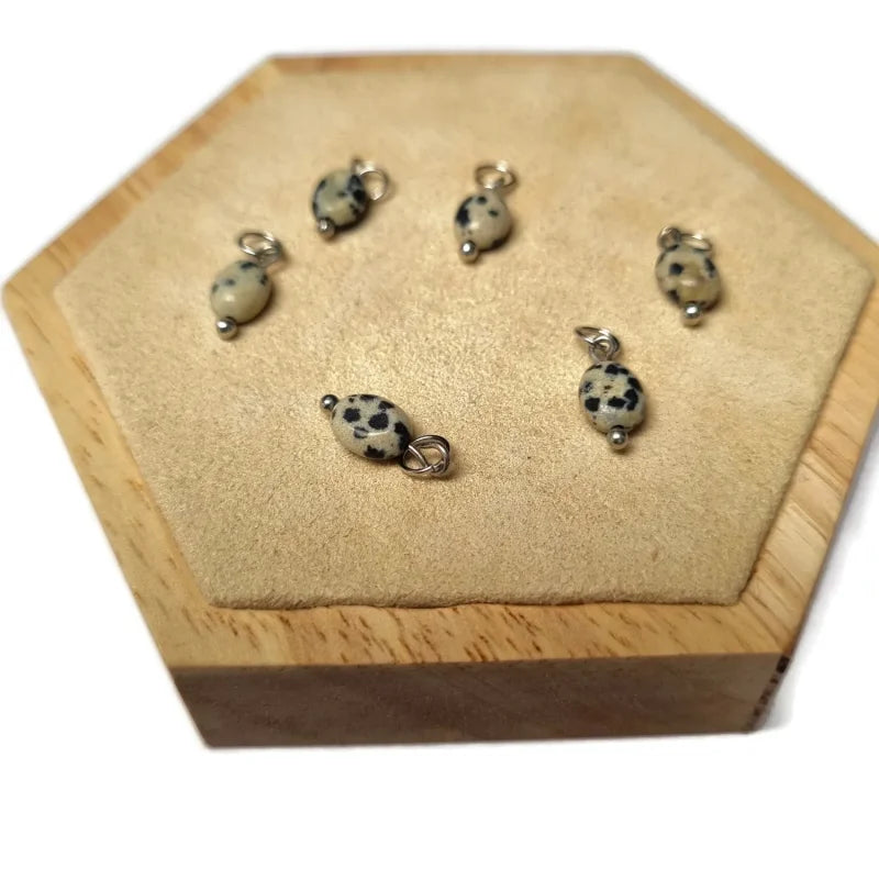 Houten Doos Met Vier Kleine Zilveren Studs Op Bedel Dalmatiër Jaspis