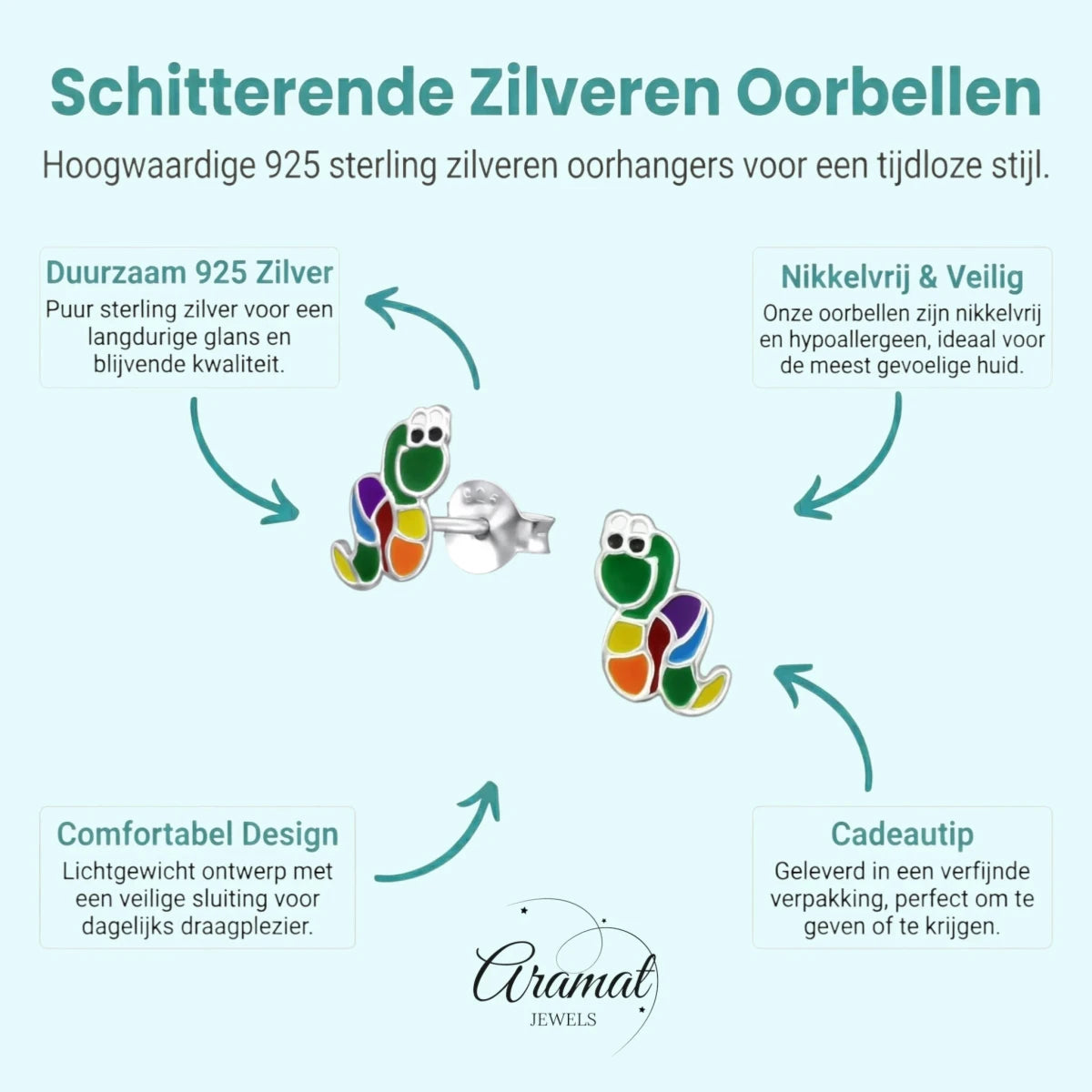 Betoverende Zilveren Slangen Oorbellen – Regenboogkleurig Emaille – 9x6mm - Aramat Jewels - Oorbellen - cadeautip
