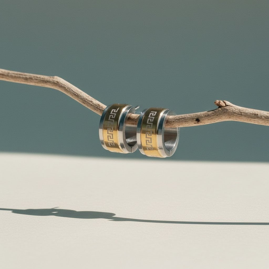 Bicolor RVS Oorringen Grieks Motief Goud & Zilver 13mm - Aramat Jewels - Oorringen - cadeautip