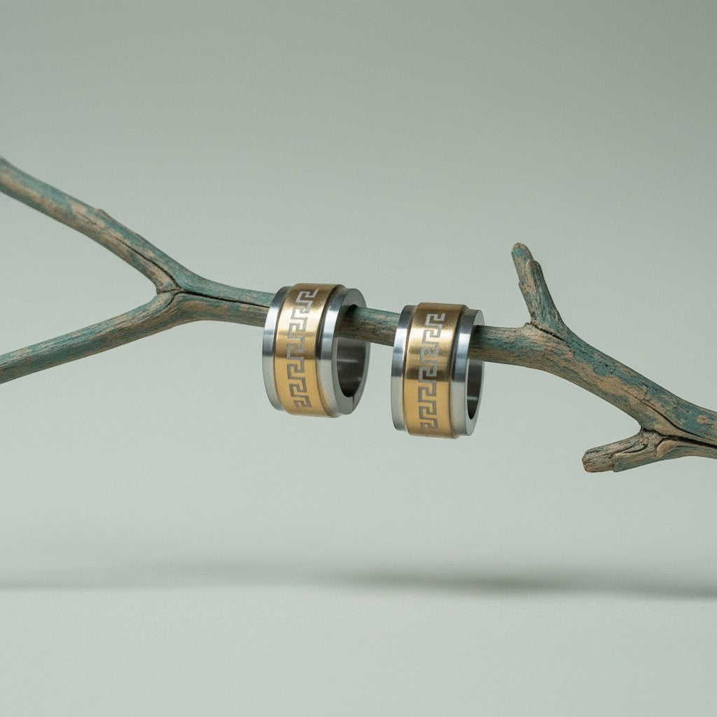 Bicolor RVS Oorringen Grieks Motief Goud & Zilver 13mm - Aramat Jewels - Oorringen - cadeautip