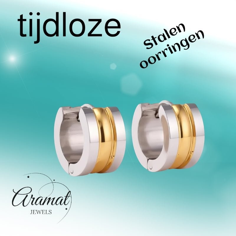 Bicolor Stalen Oorringen met Twee Halfronde Strepen - Aramat Jewels - Oorringen - cadeautip