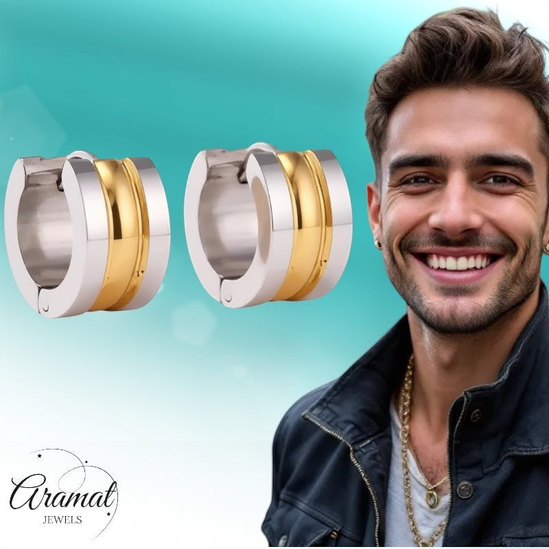 Bicolor Stalen Oorringen met Twee Halfronde Strepen - Aramat Jewels - Oorringen - cadeautip