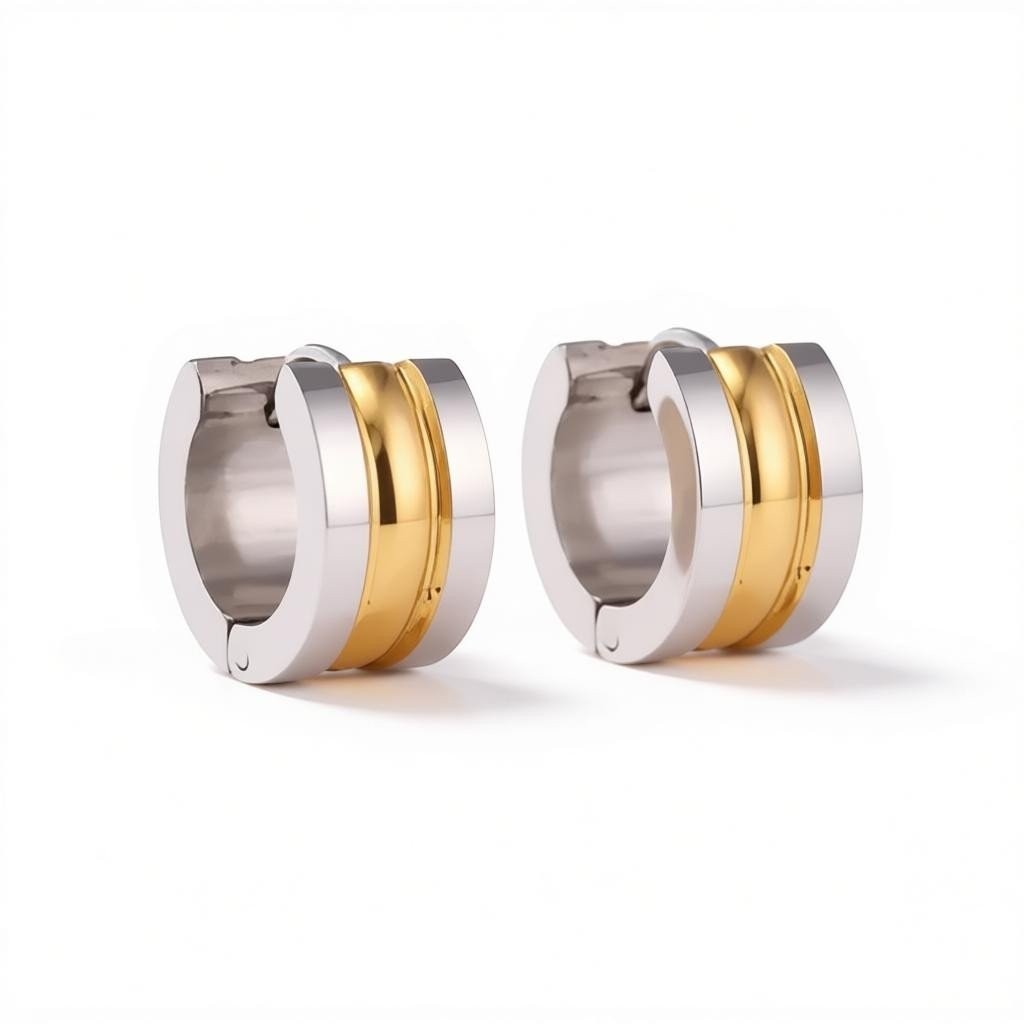 Bicolor Stalen Oorringen met Twee Halfronde Strepen - Aramat Jewels - Oorringen - cadeautip