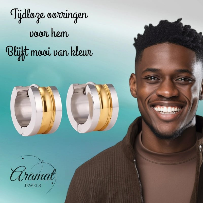 Bicolor Stalen Oorringen met Twee Halfronde Strepen - Aramat Jewels - Oorringen - cadeautip