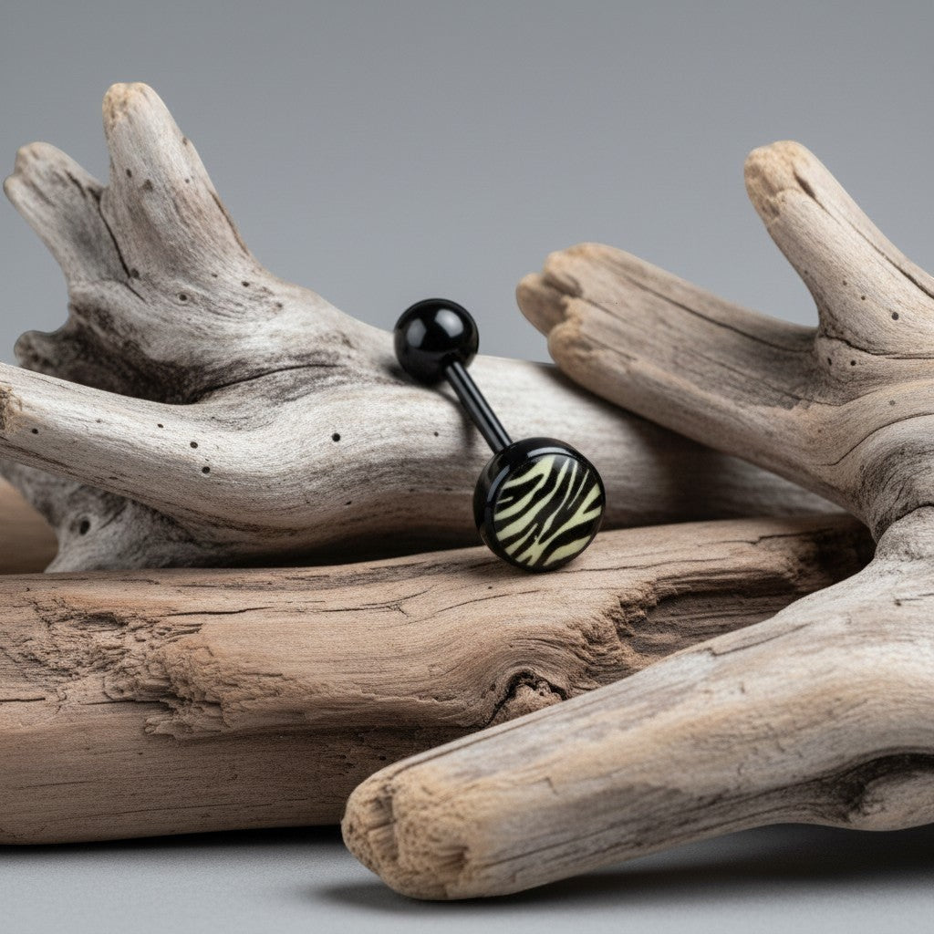 Aramat Jewels black bioplast tongue piercing with a zebra print design on the bottom ball.