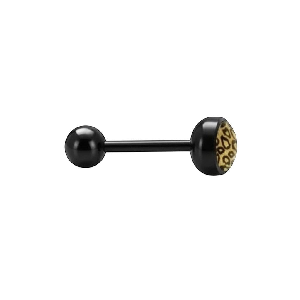 Aramat Jewels black bioplast tongue piercing with a leopard print design. Features a 1.6mm bar and 7mm/6mm balls.