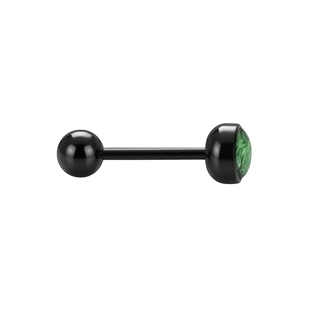 Aramat Jewels black bioplast tongue piercing with green animal print design. 1.6mm gauge, 16mm length.