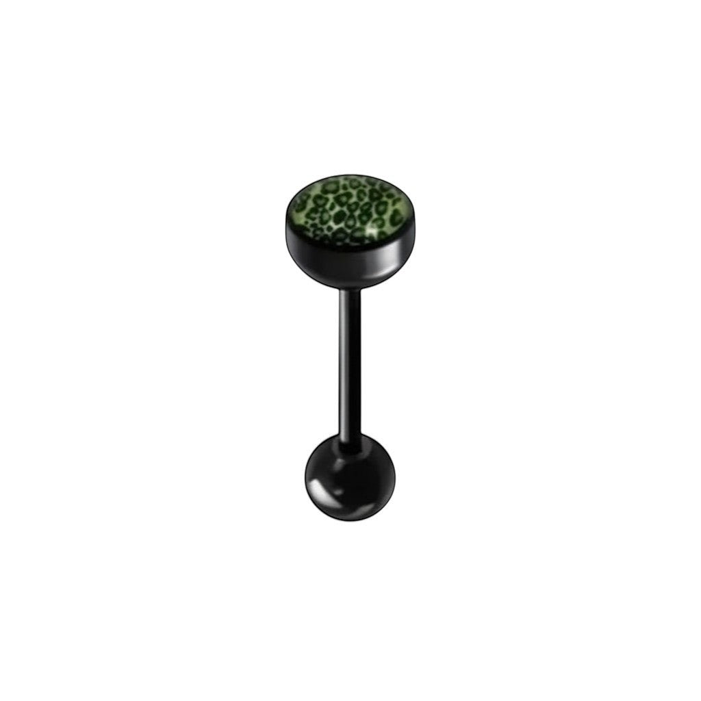 Aramat Jewels black bioplast tongue piercing with green animal print design. Features a 1.6mm bar and 7mm/6mm balls.