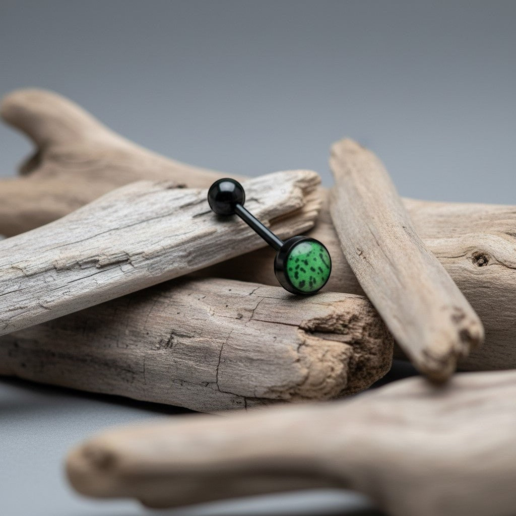 Aramat Jewels black bioplast tongue piercing with green animal print design. 16mm length, 1.6mm gauge.