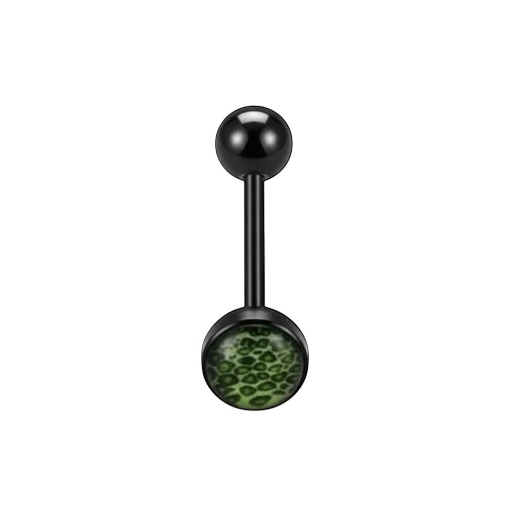 Aramat Jewels black bioplast tongue piercing with a green animal print design. Features a 1.6mm bar and 7mm/6mm balls.
