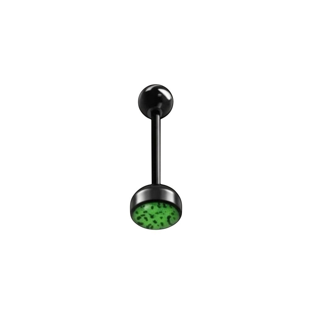 Aramat Jewels black bioplast tongue piercing with green animal print design. 1.6mm gauge, 16mm length.