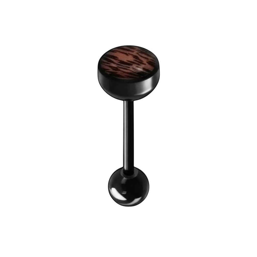 Aramat Jewels black bioplast tongue piercing with a brown animal print design. Features a 1.6mm bar and 7mm/6mm balls.