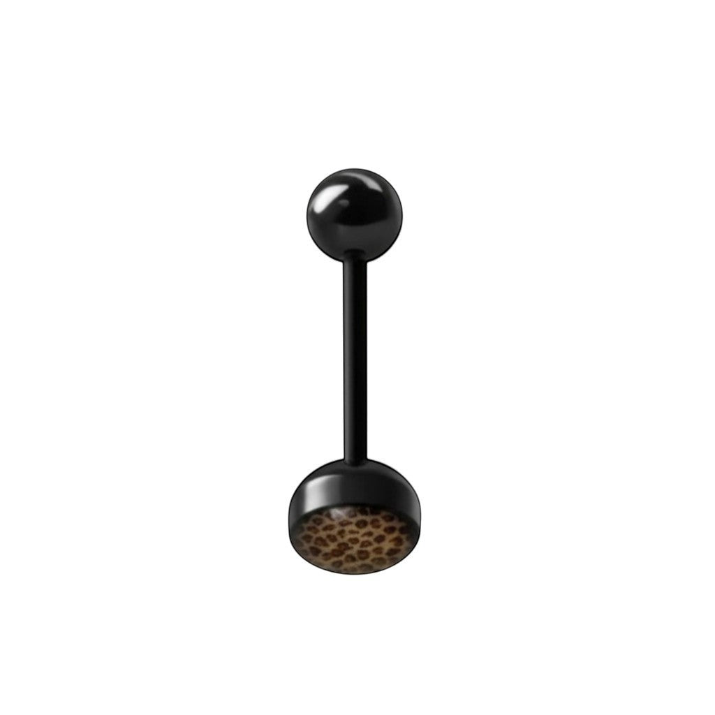 Aramat Jewels black bioplast tongue piercing with leopard print design. 1.6mm gauge, 16mm length.
