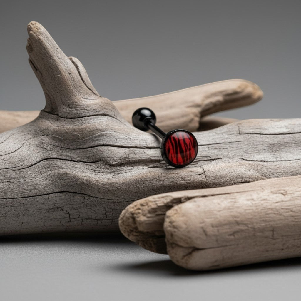 Aramat Jewels black bioplast tongue piercing with a red and black animal print design.