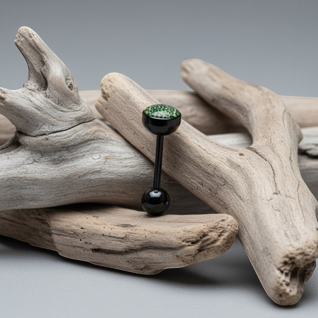 Aramat Jewels black bioplast tongue piercing with green leopard print top.