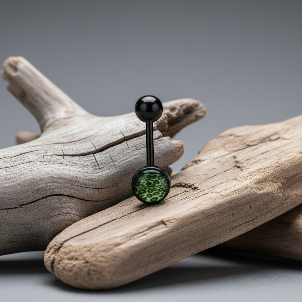 Aramat Jewels black bioplast tongue piercing with a green animal print design.