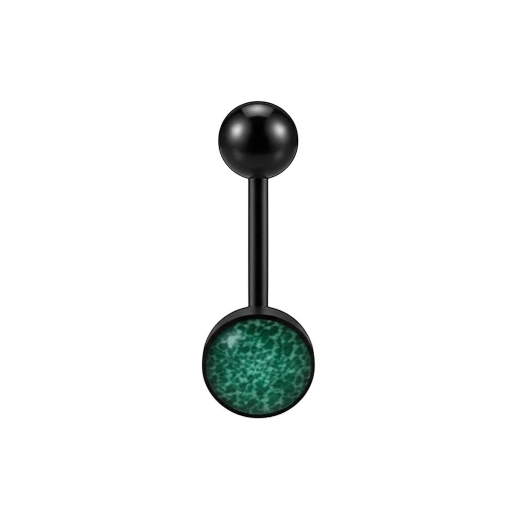 Aramat Jewels black bioplast tongue piercing with green animal print design. 1.6mm gauge, 16mm length.