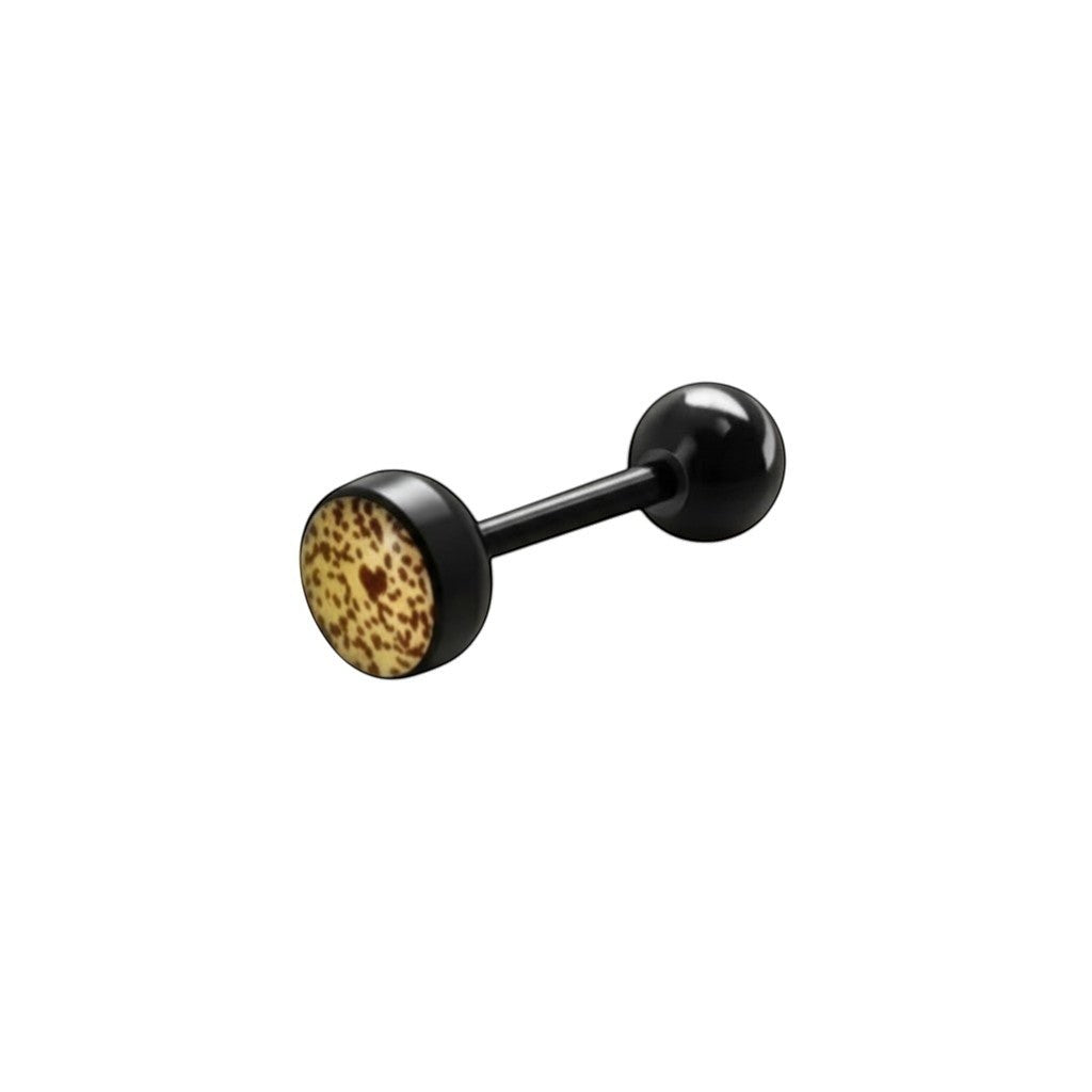 Aramat Jewels black bioplast tongue piercing with a yellow and brown animal print design. Features a 1.6mm bar and 7mm/6mm balls.