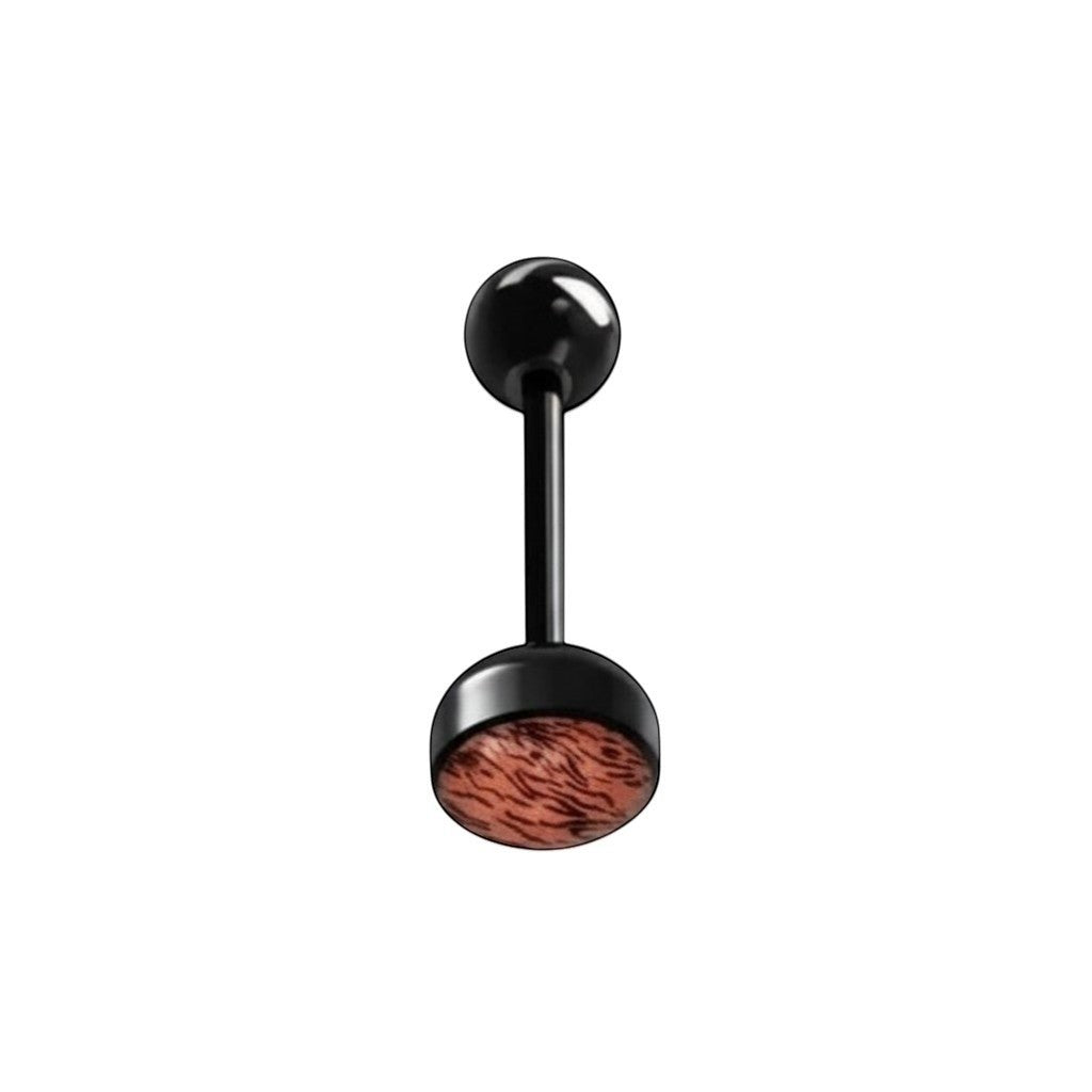 Aramat Jewels black bioplast tongue piercing with a red and brown animal print design on the flat end.