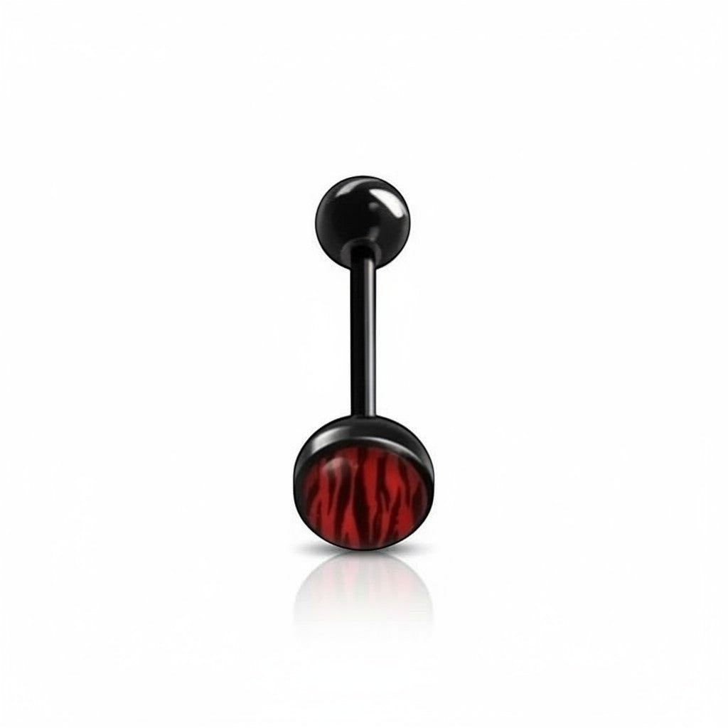 Aramat Jewels black bioplast tongue piercing with red animal print design. 1.6mm gauge, 16mm length.