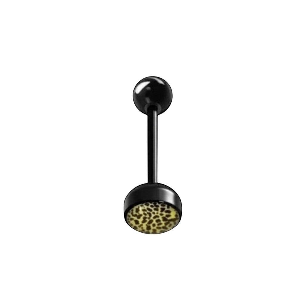 Aramat Jewels black bioplast tongue piercing with a leopard print design. Features a 1.6mm bar and 7mm/6mm balls.