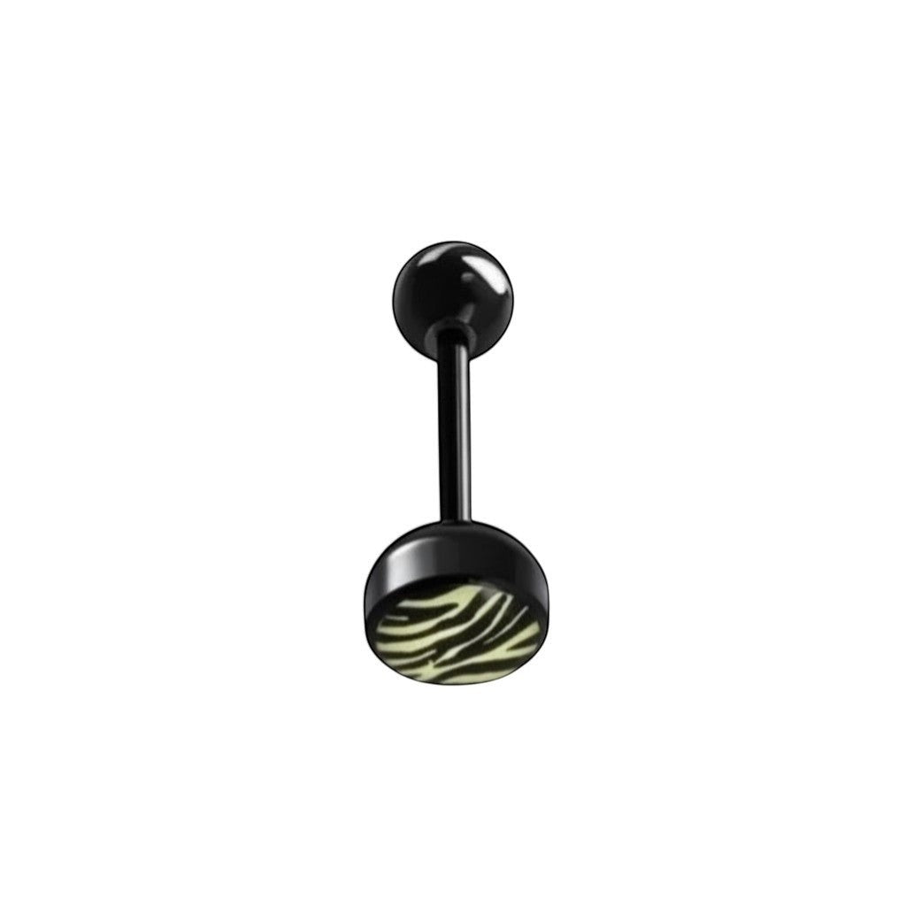 Aramat Jewels black bioplast tongue piercing with zebra print design. Features a 1.6mm x 16mm bar and 7mm/6mm balls.