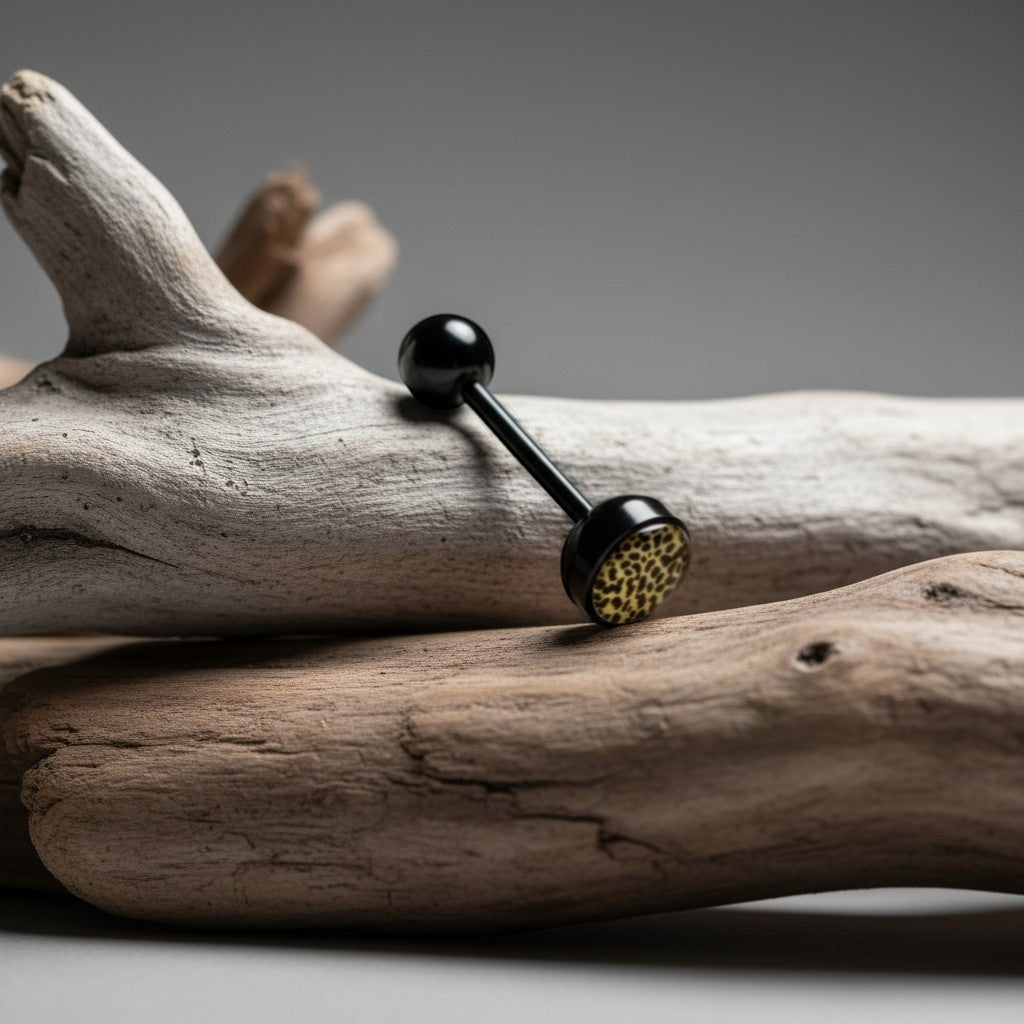 Aramat Jewels black bioplast tongue piercing with a leopard print design on the bottom ball.