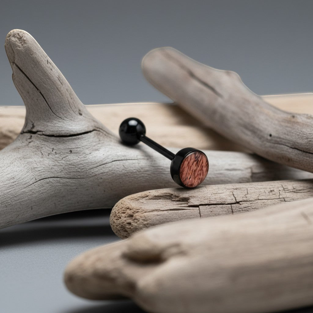Aramat Jewels black bioplast tongue piercing with a red and black animal print design on the bottom ball.