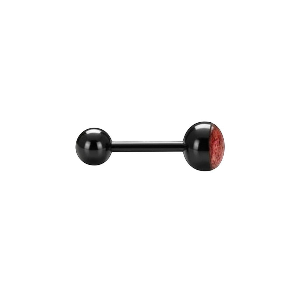 Aramat Jewels black bioplast tongue piercing with red animal print design. 1.6mm gauge, 16mm length.