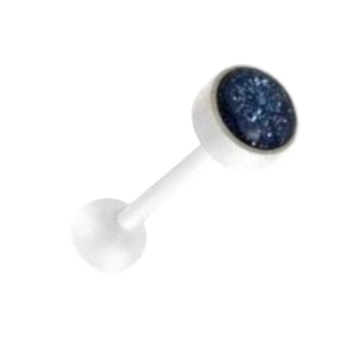 Aramat Jewels white bioplast tongue piercing with blue glitter detail. 1.6mm x 16mm.