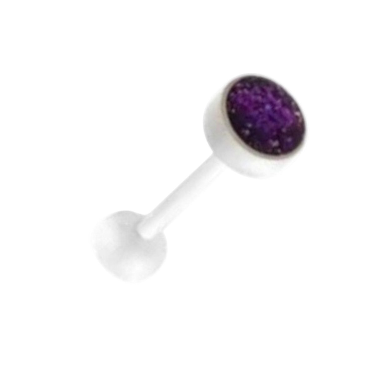 Aramat Jewels white bioplast tongue piercing with purple glitter detail. 1.6mm x 16mm.