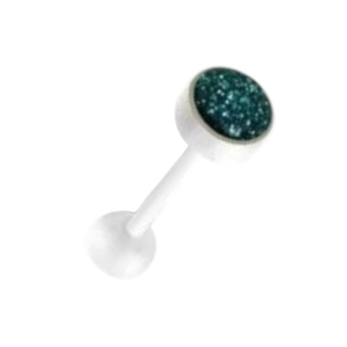 Aramat Jewels white bioplast tongue piercing with teal glitter detail. 1.6mm x 16mm.