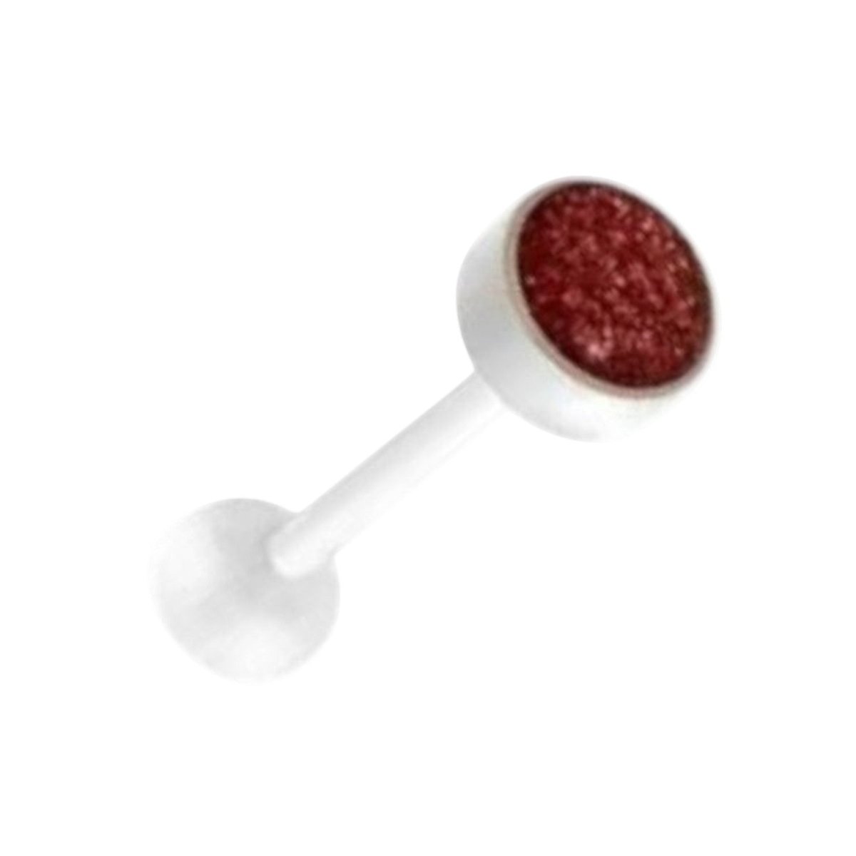 Aramat Jewels white bioplast tongue piercing with red glitter detail. 1.6mm x 16mm.