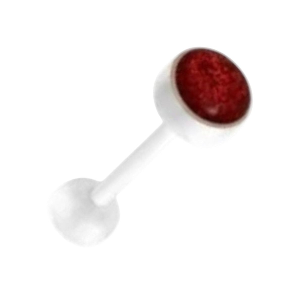 Aramat Jewels white bioplast tongue piercing with red glitter detail. 1.6mm x 16mm.