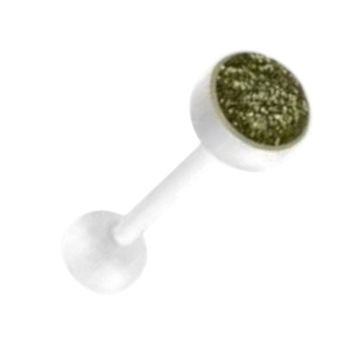 Aramat Jewels white bioplast tongue piercing with glitter detail on the bottom ball.