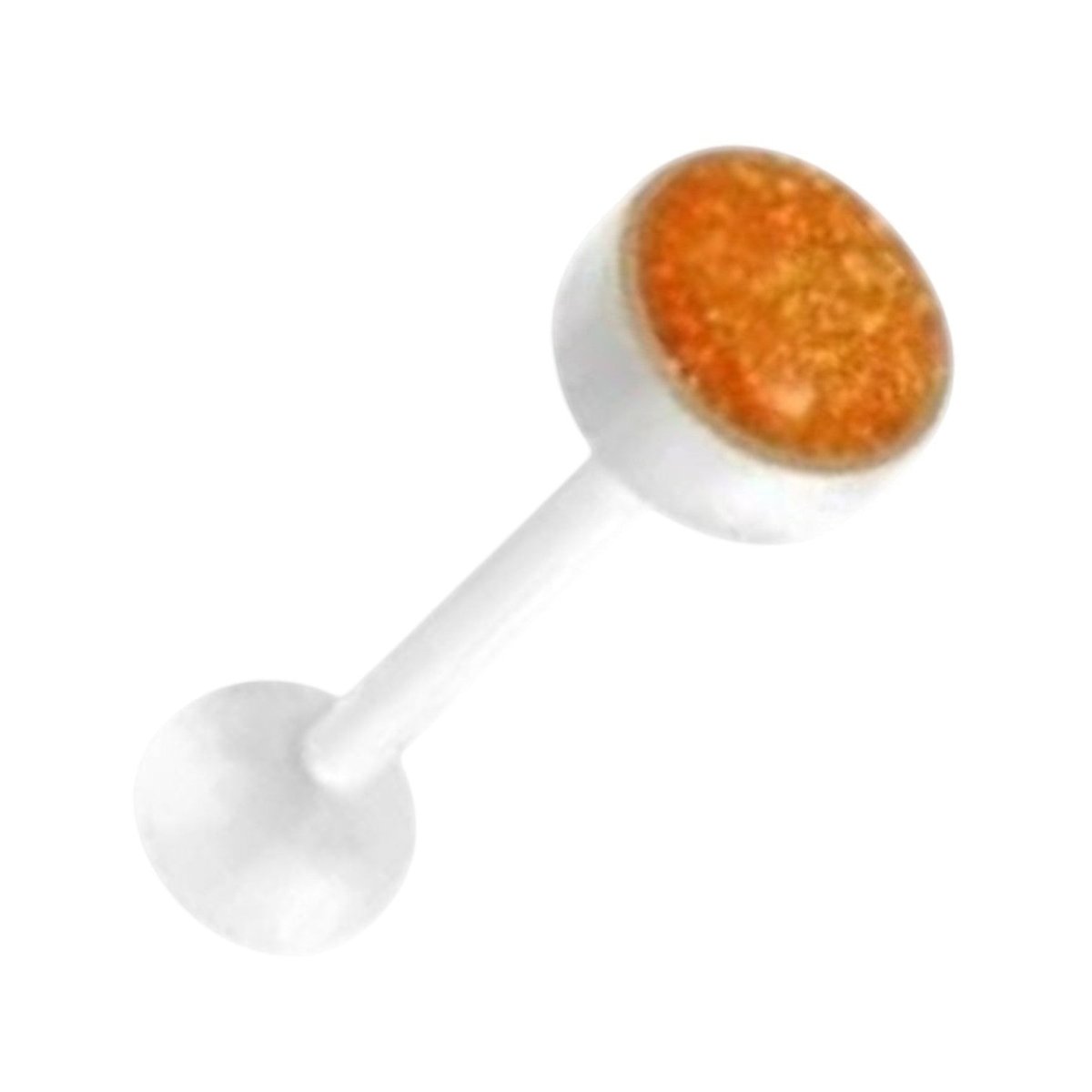 Aramat Jewels white bioplast tongue piercing with orange glitter detail. 1.6mm x 16mm bar.