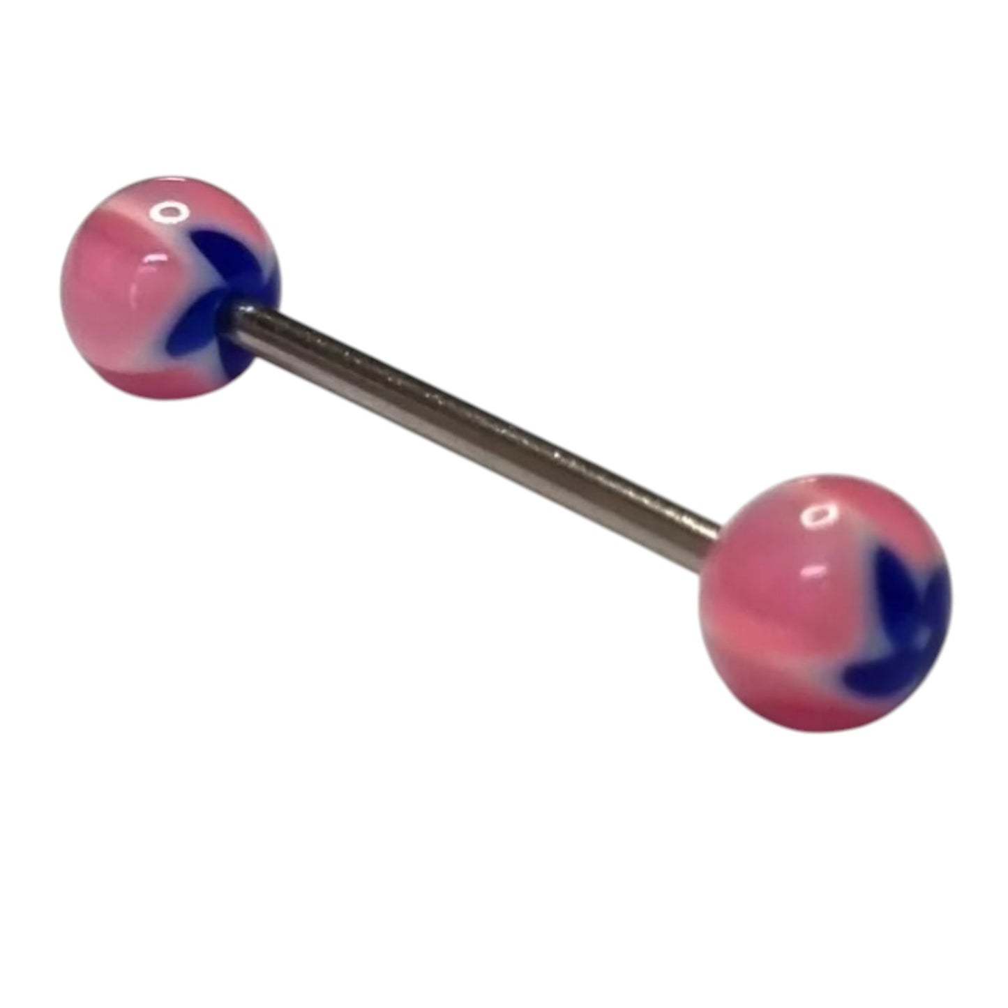 Een paar roze en blauwe glazen bollen