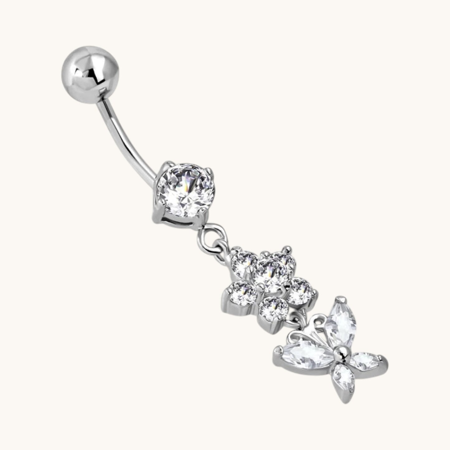 Piercing au nombril en acier avec fleurs et papillons