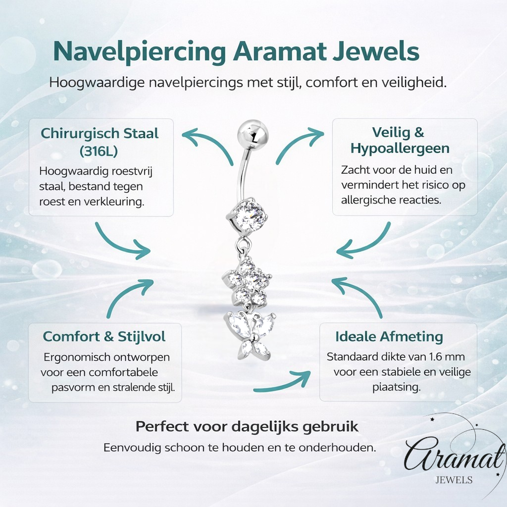 Piercing au nombril en acier avec fleurs et papillons