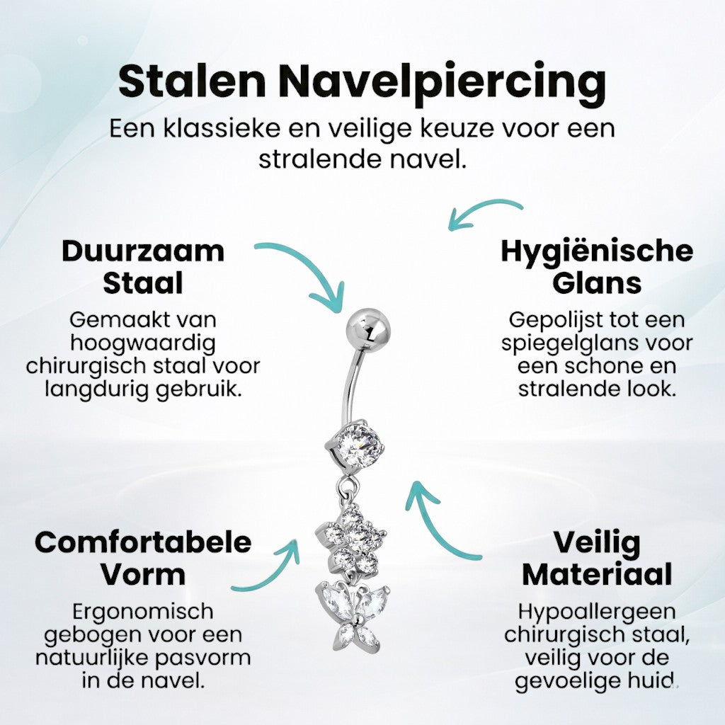 Piercing au nombril en acier avec fleurs et papillons