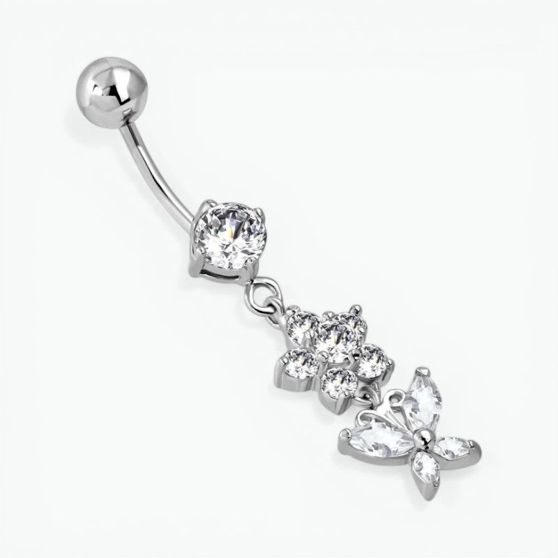 Piercing au nombril en acier avec fleurs et papillons