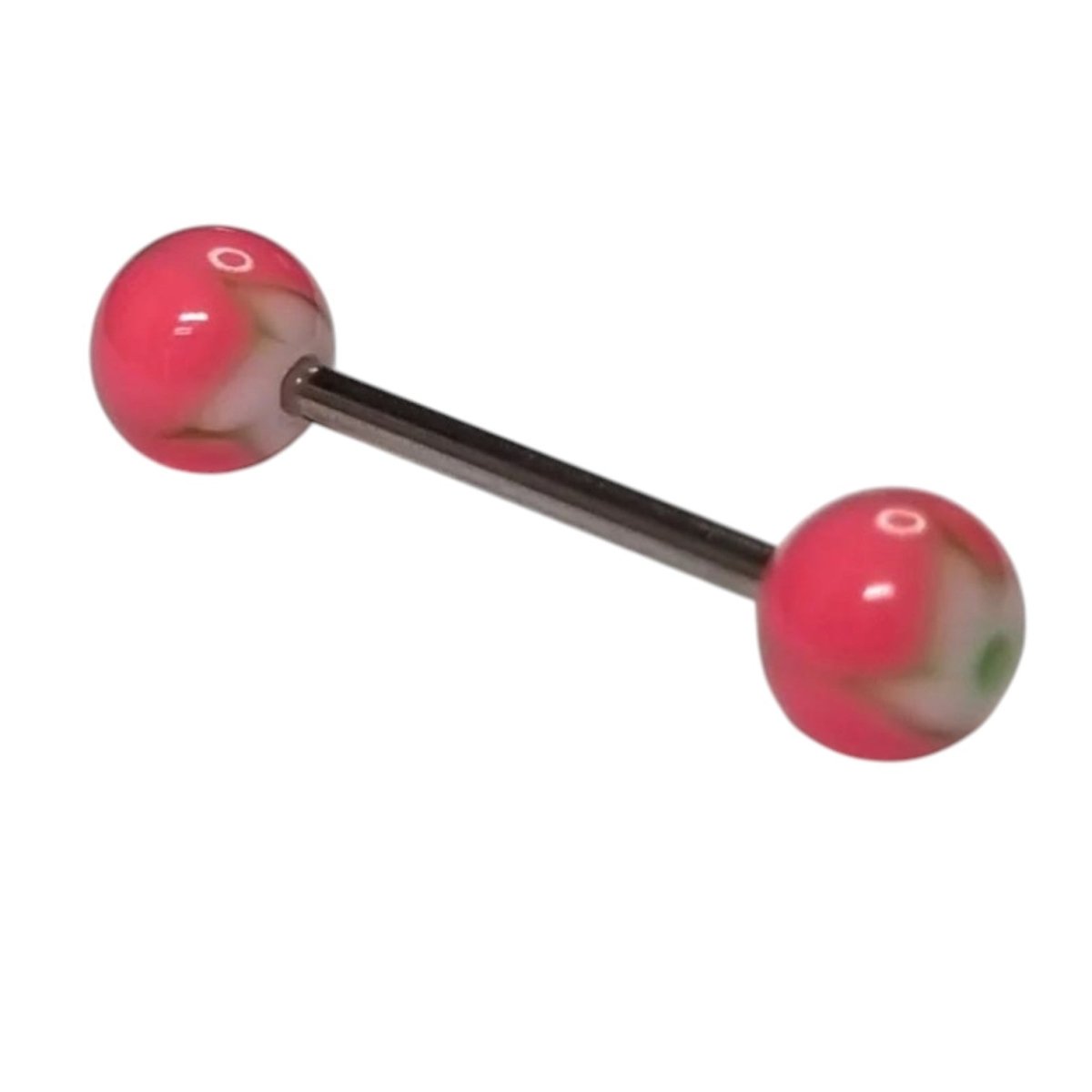 Aramat Jewels pink acrylic tongue piercing with a floral swirl pattern and silver steel bar.