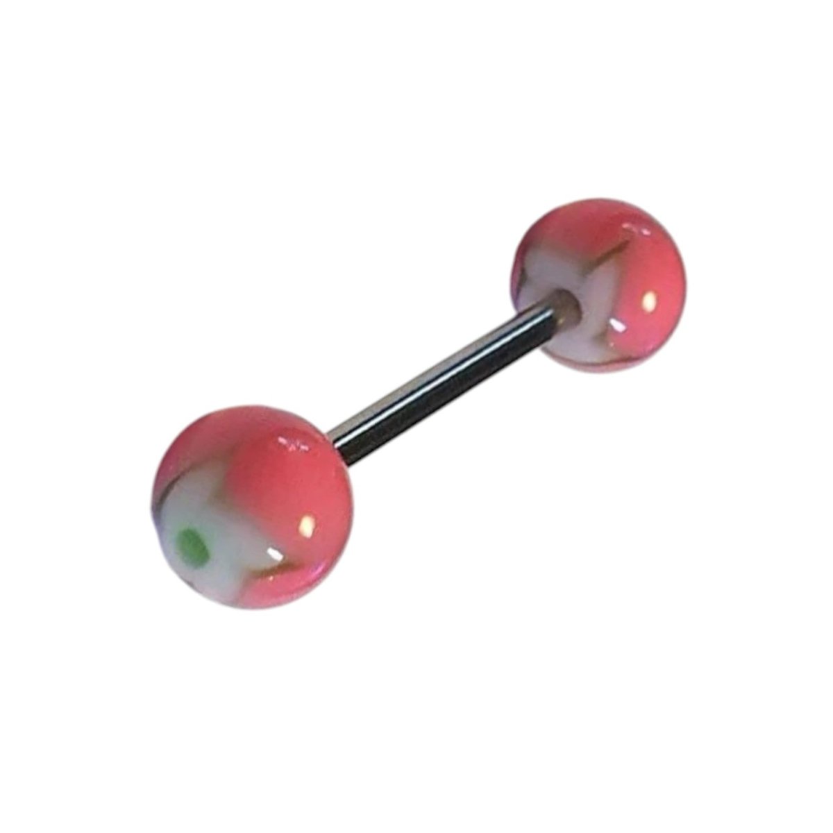 Een paar roze ballen met een zwarte halter