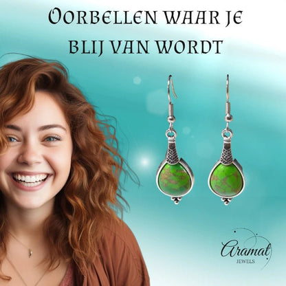 Boho Druppel Oorhangers – Groen Gemarmerde Steen – 52x15mm - oor6035 - Oorhangers kopen# - 50mm - alles - bali