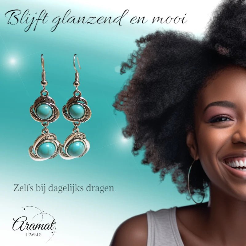 Boho Oorhangers Bloem met Blauwe Gemarmerde Steen - oor6051 - Oorhangers kopen# - 60mm - alles - bali